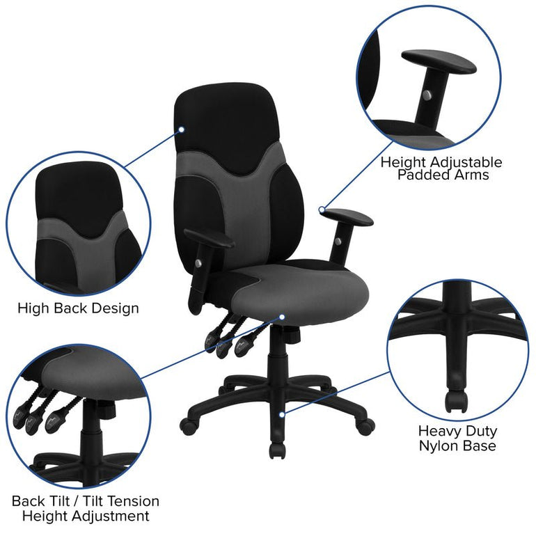 High Back Ergonomic Black and Gray Mesh Swivel Task Office Chair with Adjustable Arms - Sit Healthier