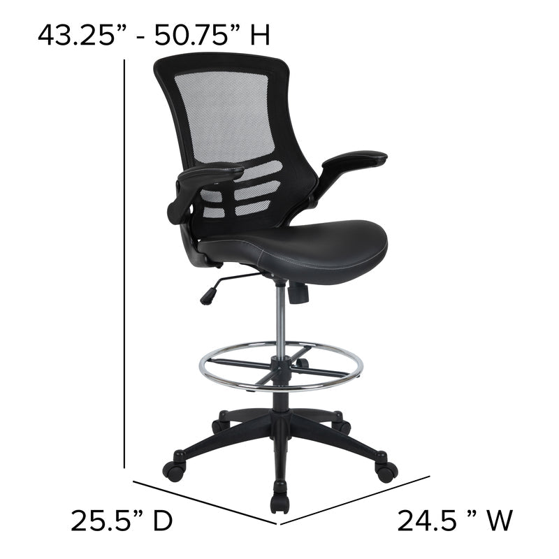 Mid-Back Black Mesh Ergonomic Drafting Chair with LeatherSoft Seat, Adjustable Foot Ring and Flip-Up Arms - Sit Healthier