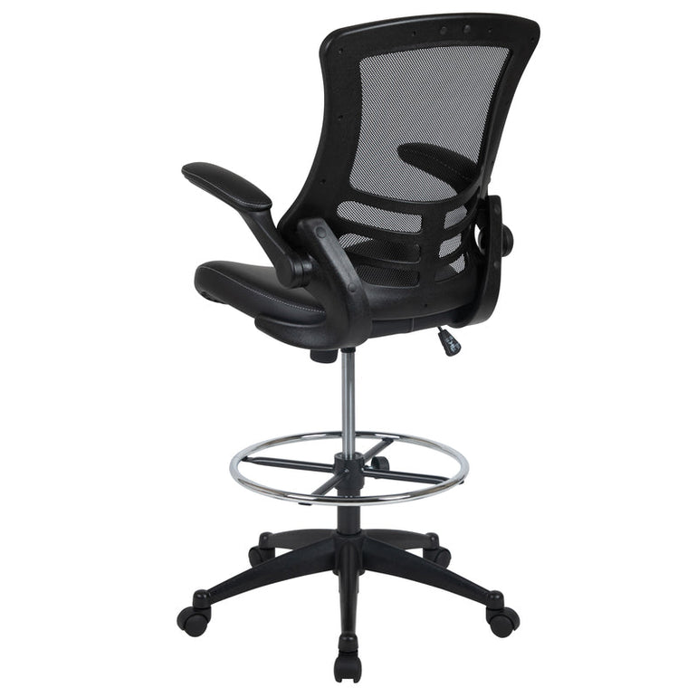 Mid-Back Black Mesh Ergonomic Drafting Chair with LeatherSoft Seat, Adjustable Foot Ring and Flip-Up Arms - Sit Healthier