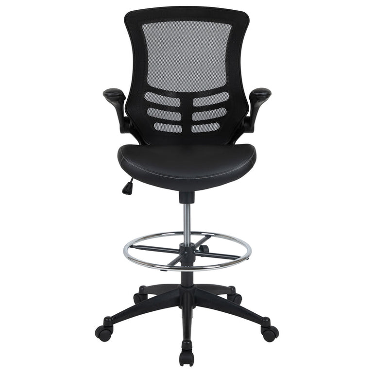 Mid-Back Black Mesh Ergonomic Drafting Chair with LeatherSoft Seat, Adjustable Foot Ring and Flip-Up Arms - Sit Healthier
