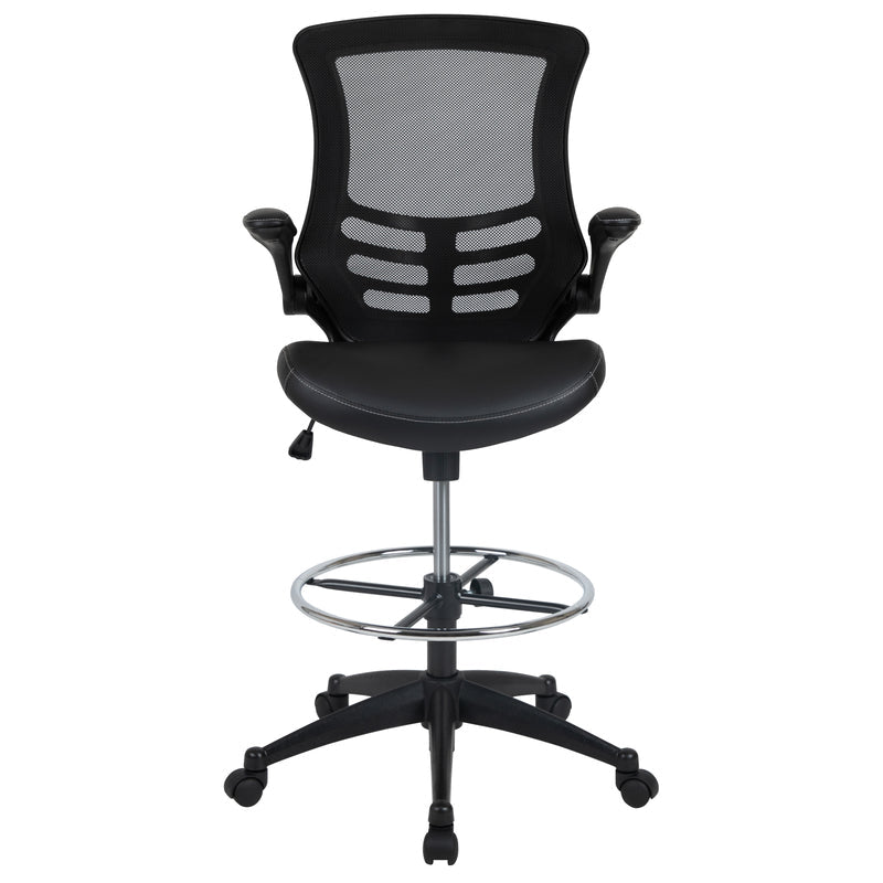 Mid-Back Black Mesh Ergonomic Drafting Chair with LeatherSoft Seat, Adjustable Foot Ring and Flip-Up Arms - Sit Healthier