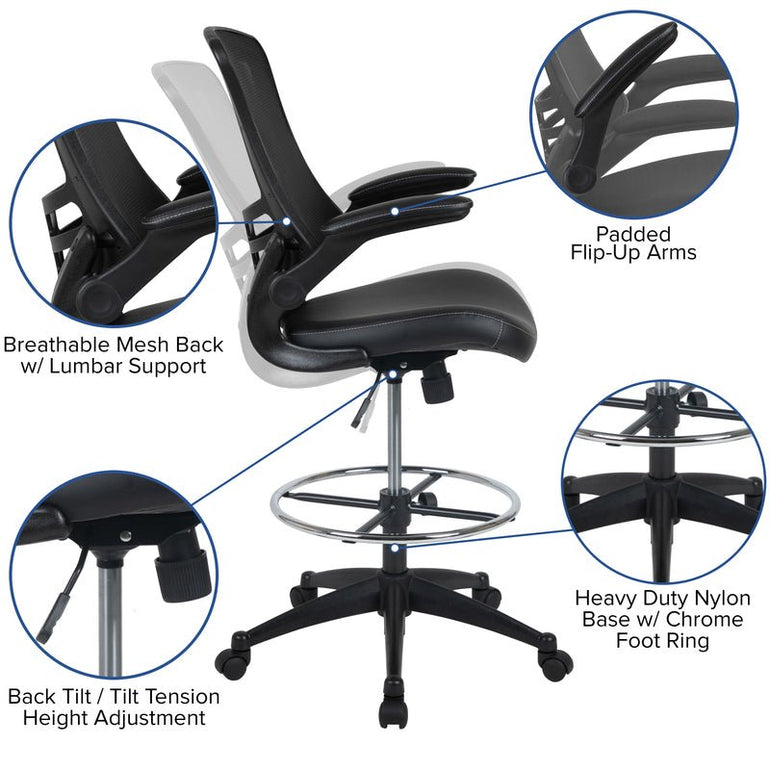 Mid-Back Black Mesh Ergonomic Drafting Chair with LeatherSoft Seat, Adjustable Foot Ring and Flip-Up Arms - Sit Healthier