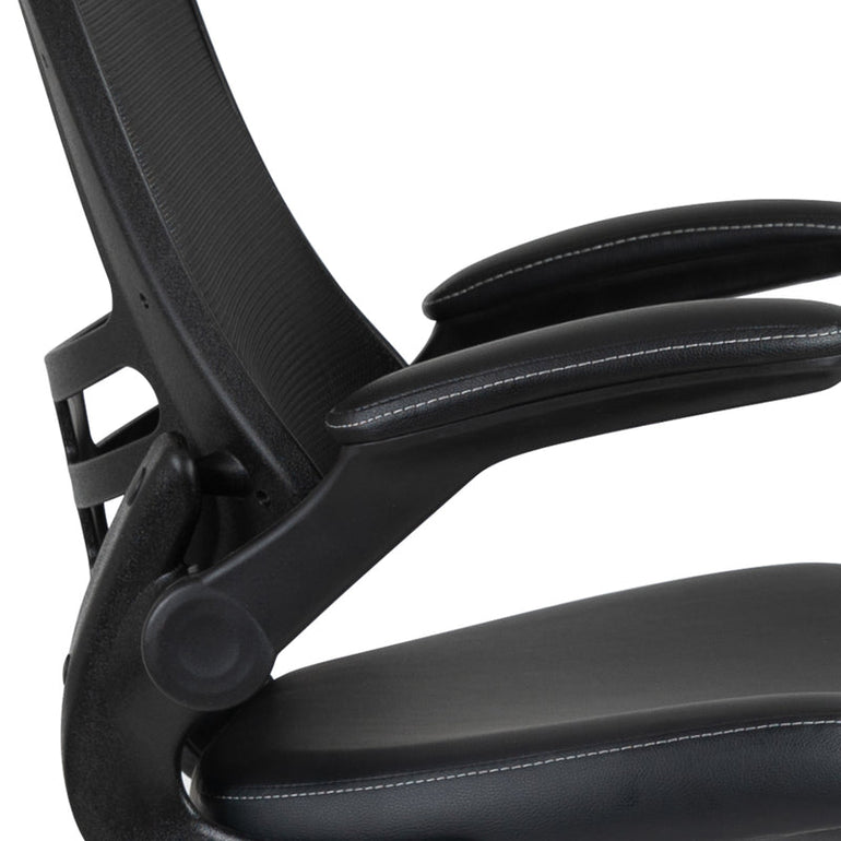 Mid-Back Black Mesh Ergonomic Drafting Chair with LeatherSoft Seat, Adjustable Foot Ring and Flip-Up Arms - Sit Healthier