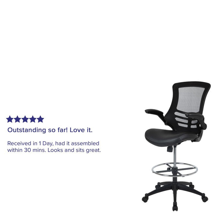 Mid-Back Black Mesh Ergonomic Drafting Chair with LeatherSoft Seat, Adjustable Foot Ring and Flip-Up Arms - Sit Healthier