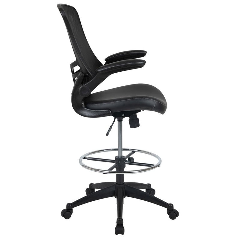 Mid-Back Black Mesh Ergonomic Drafting Chair with LeatherSoft Seat, Adjustable Foot Ring and Flip-Up Arms - Sit Healthier