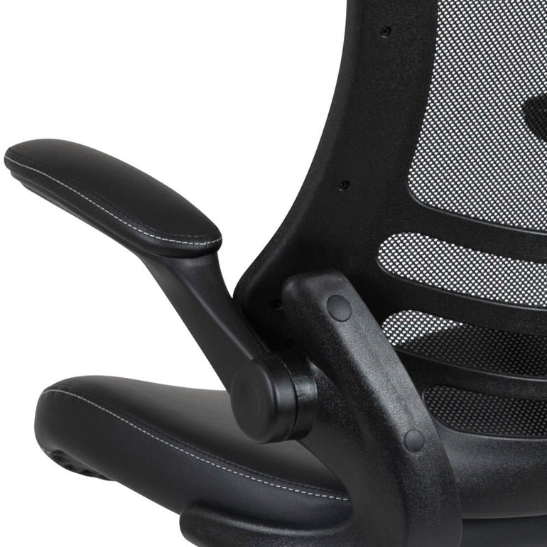 Mid-Back Black Mesh Ergonomic Drafting Chair with LeatherSoft Seat, Adjustable Foot Ring and Flip-Up Arms - Sit Healthier