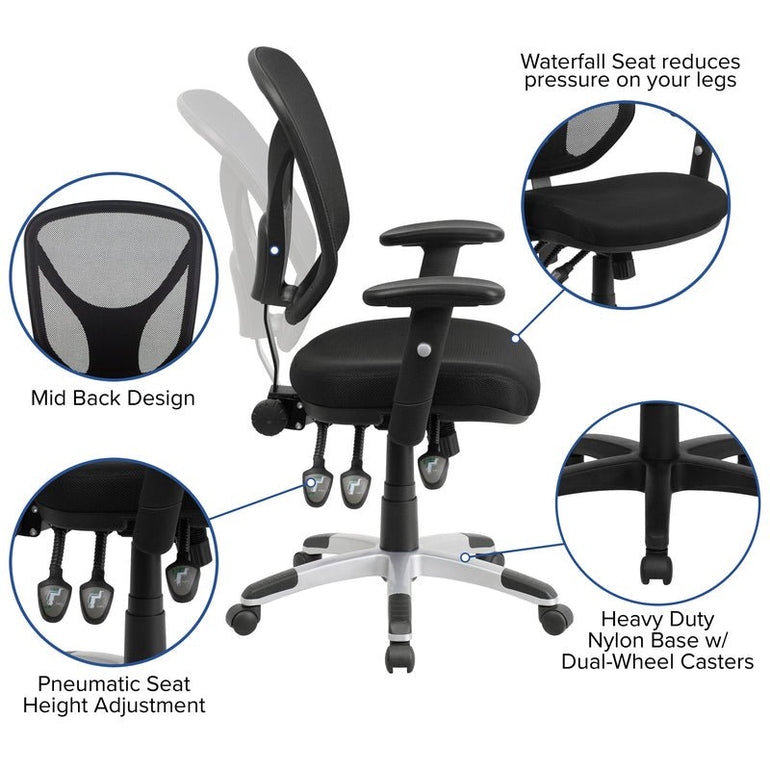 Mid-Back Black Mesh Multifunction Swivel Ergonomic Task Office Chair with Adjustable Arms - Sit Healthier