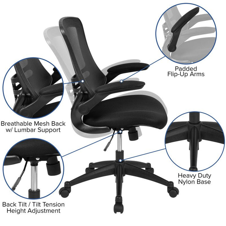 Mid-Back Black Mesh Swivel Ergonomic Task Office Chair with Flip-Up Arms - Sit Healthier