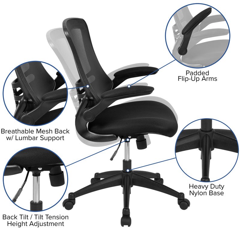 Mid-Back Black Mesh Swivel Ergonomic Task Office Chair with Flip-Up Arms - Sit Healthier
