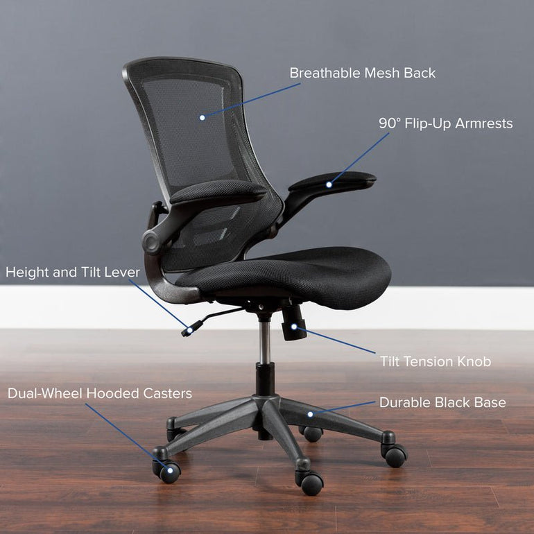 Mid-Back Black Mesh Swivel Ergonomic Task Office Chair with Flip-Up Arms - Sit Healthier