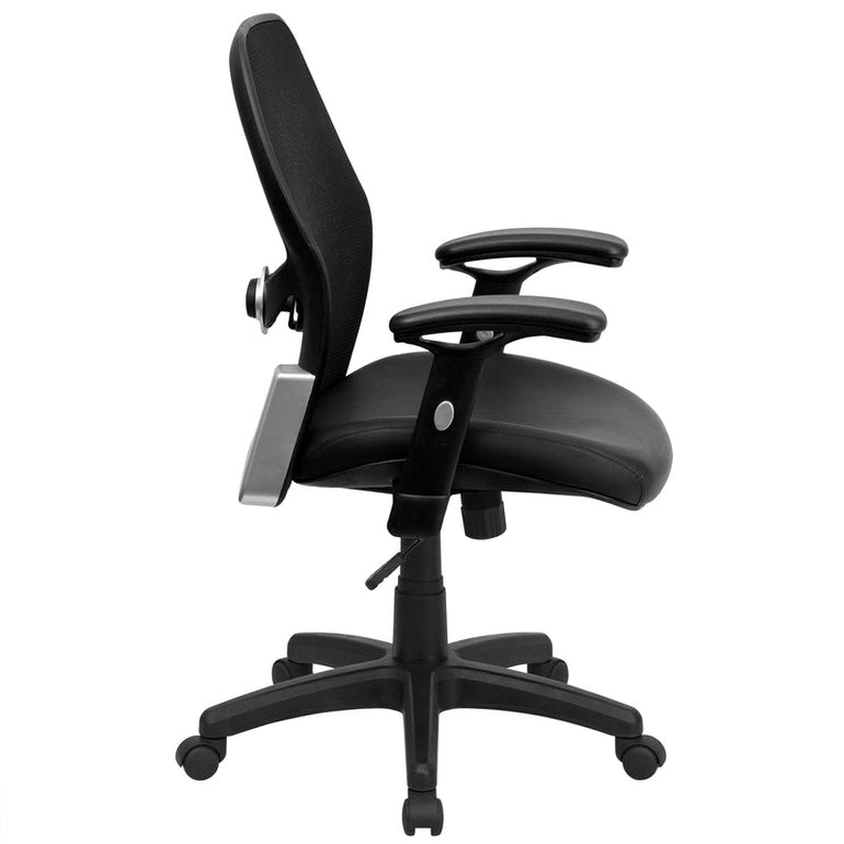 Mid-Back Black Super Mesh Executive Swivel Office Chair with LeatherSoft Seat and Adjustable Lumbar & Arms - Sit Healthier