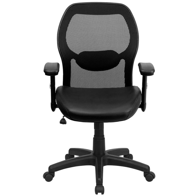 Mid-Back Black Super Mesh Executive Swivel Office Chair with LeatherSoft Seat and Adjustable Lumbar & Arms - Sit Healthier