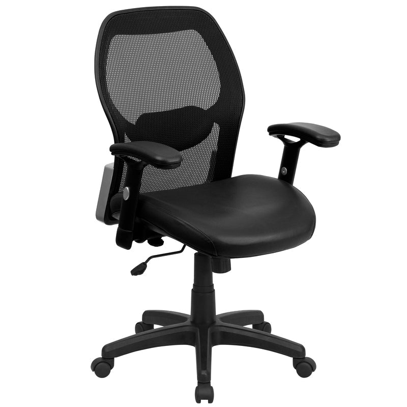Mid-Back Black Super Mesh Executive Swivel Office Chair with LeatherSoft Seat and Adjustable Lumbar & Arms - Sit Healthier