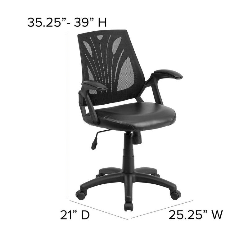 Mid-Back Designer Black Mesh Swivel Task Office Chair with LeatherSoft Seat and Open Arms - Sit Healthier