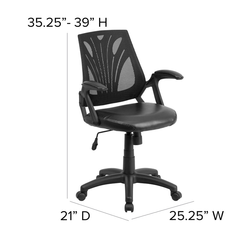 Mid-Back Designer Black Mesh Swivel Task Office Chair with LeatherSoft Seat and Open Arms - Sit Healthier