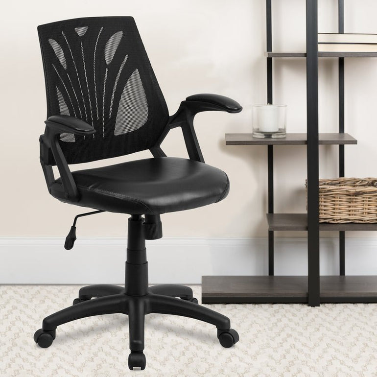 Mid-Back Designer Black Mesh Swivel Task Office Chair with LeatherSoft Seat and Open Arms - Sit Healthier