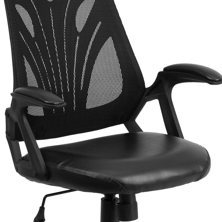 Mid-Back Designer Black Mesh Swivel Task Office Chair with LeatherSoft Seat and Open Arms - Sit Healthier