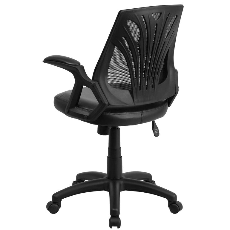 Mid-Back Designer Black Mesh Swivel Task Office Chair with LeatherSoft Seat and Open Arms - Sit Healthier