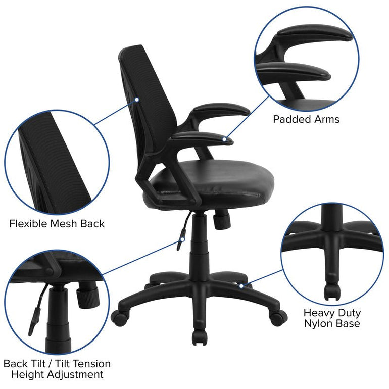Mid-Back Designer Black Mesh Swivel Task Office Chair with LeatherSoft Seat and Open Arms - Sit Healthier