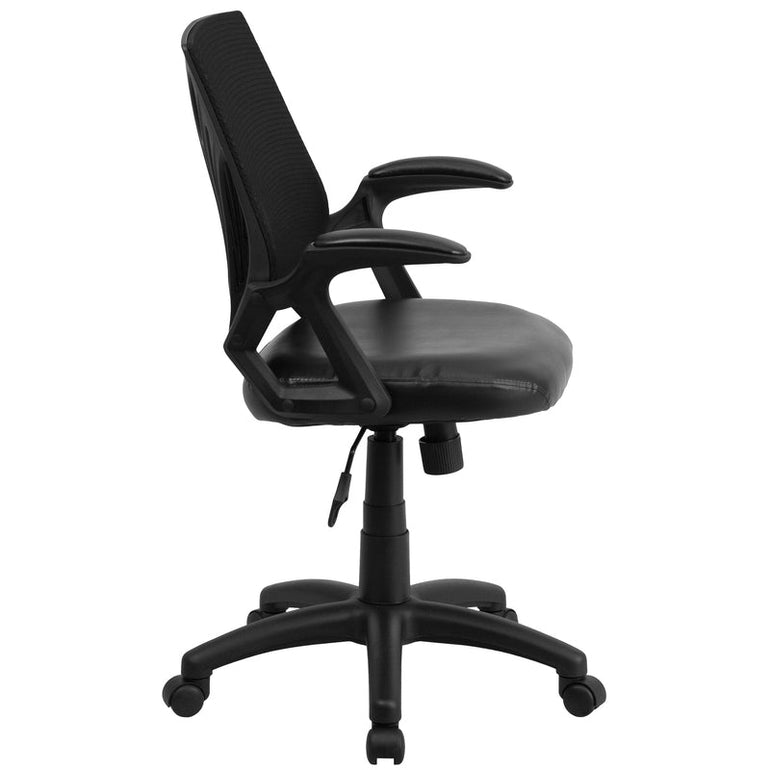 Mid-Back Designer Black Mesh Swivel Task Office Chair with LeatherSoft Seat and Open Arms - Sit Healthier