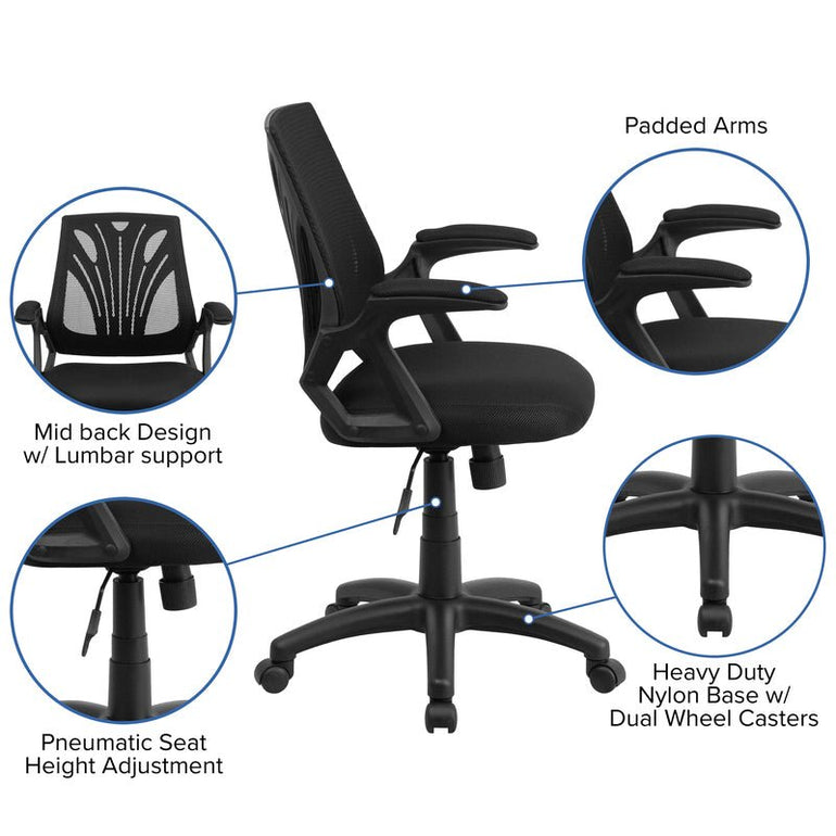 Mid-Back Designer Black Mesh Swivel Task Office Chair with Open Arms - Sit Healthier