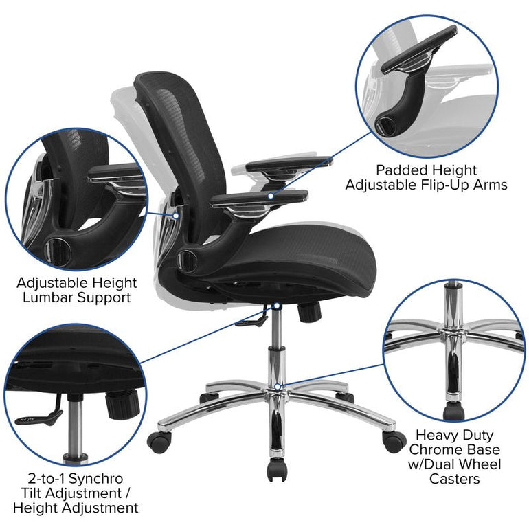Mid-Back Transparent Black Mesh Executive Swivel Ergonomic Office Chair with Synchro-Tilt & Height Adjustable Flip-Up Arms - Sit Healthier