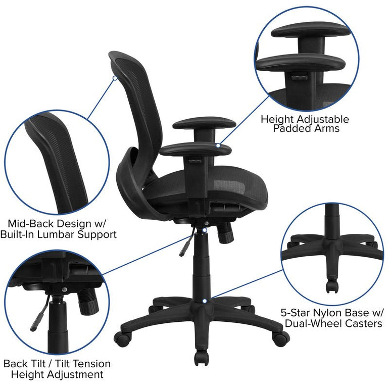 Mid-Back Transparent Black Mesh Executive Swivel Office Chair with Adjustable Arms - Sit Healthier
