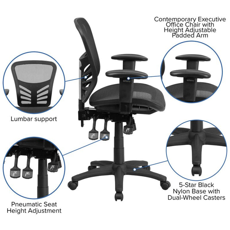 Mid-Back Transparent Black Mesh Multifunction Executive Swivel Ergonomic Office Chair with Adjustable Arms - Sit Healthier